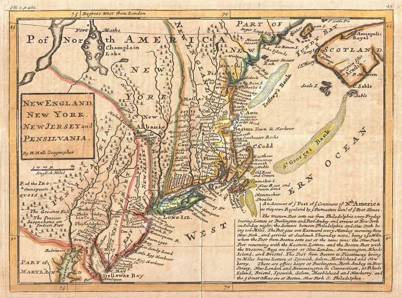 Map: 1729 Moll Map of New York New England and Pennsylvania First Postal Map of New England