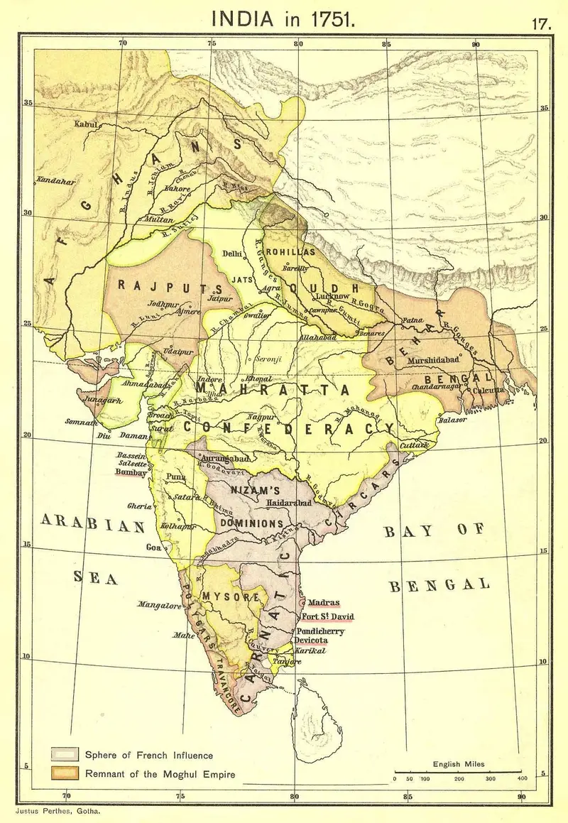 Map: 1751 Map of India from Historical Atlas of India by Charles Joppen