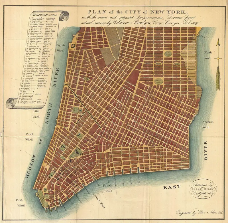 Map: 1807 Bridges Map of New York City 1871 Reissue