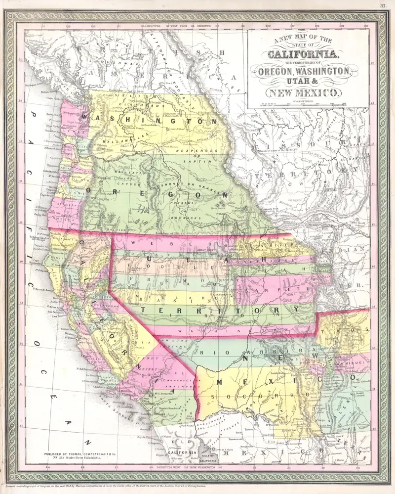 Map: 1853 Mitchell Map of California Oregon Washington Utah New Mexico