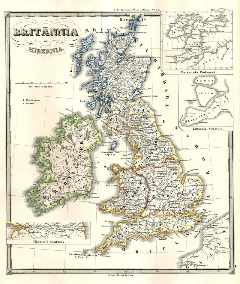 Map: 1855 Spruneri Map of the British Isles Britannia Hibernia in Ancient Times