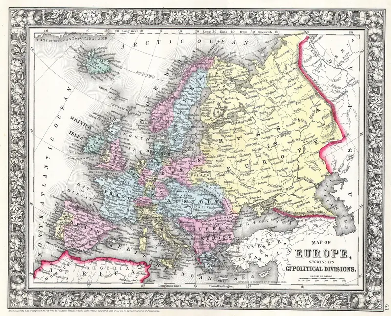 Map: 1860 Mitchell Map of Europe Europem63