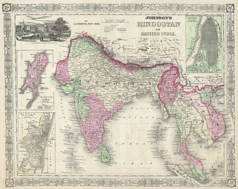 Map: 1864 Johnsons Map of India Hindostan or British India Indiaj64