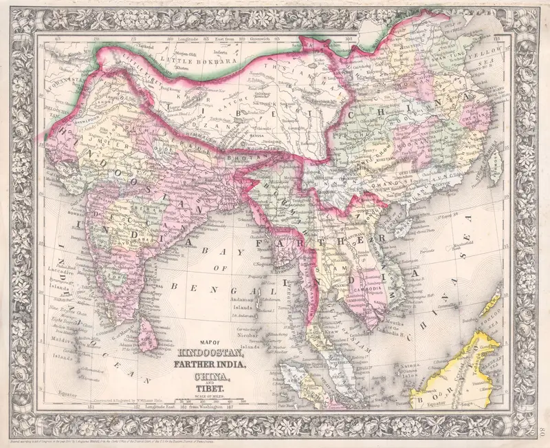 Map: 1864 Mitchell Map of India Tibet China and Southeast Asia