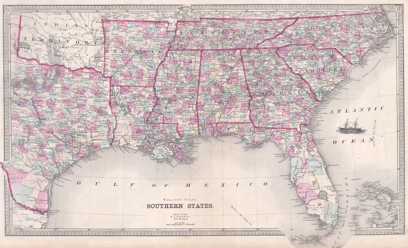 Map: 1868 Walling Map of Texas Florida and the Southern States