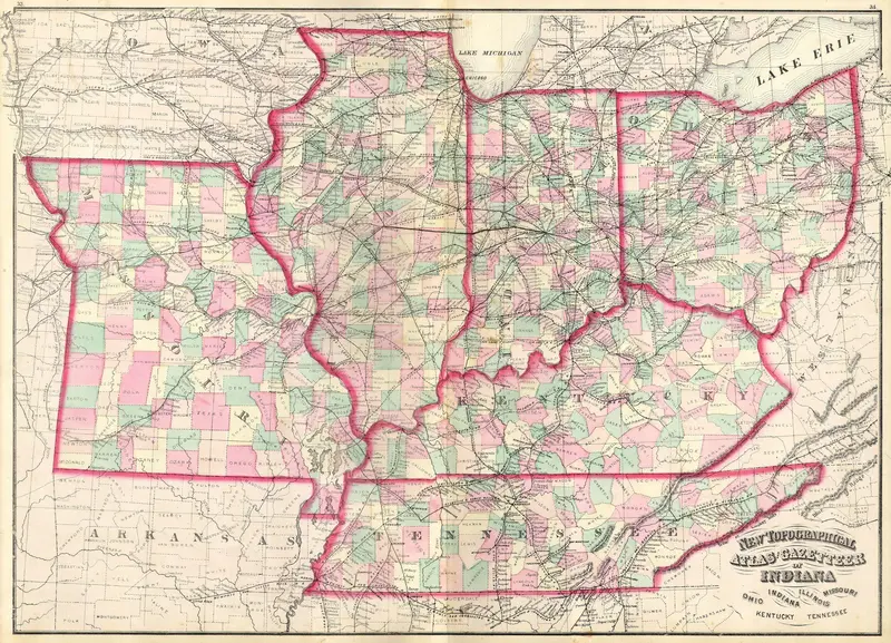 Map: 1873 Asher Adams Map of the Midwest Ohio Indiana Illinois Missouri Kentucky
