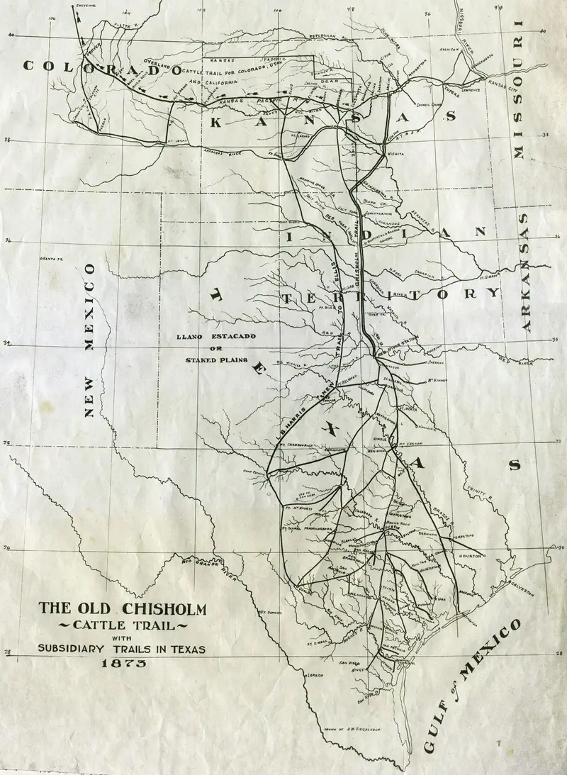 Map: 1873 Map of Chisholm Trail with Subsidiary Trails in Texas