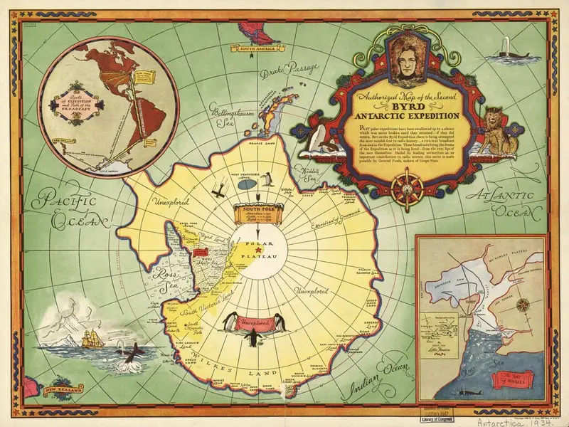 Map: 1934 Map of the Second Byrd Antarctic Expedition. Great Penguins!