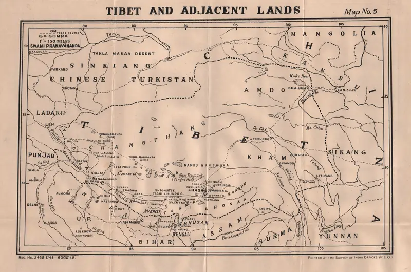 Map: 1949 Survey of Indias Map of Tibet and Adjacent Lands from Pranavanandas Book