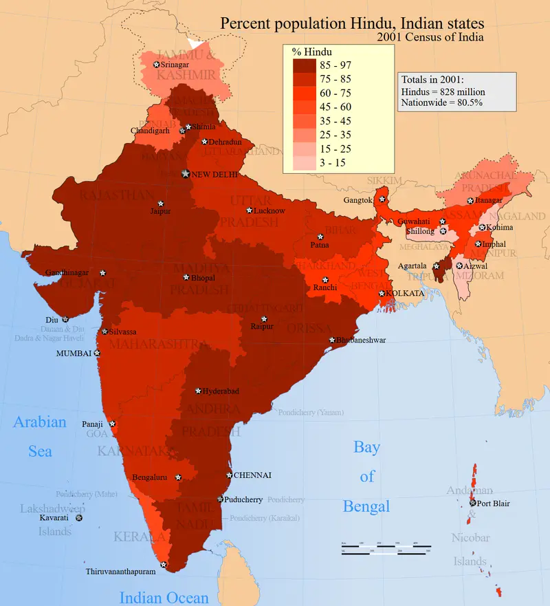 Map: 2001 Census India Religion Distribution Map Percent Hindu in States and Union Territories