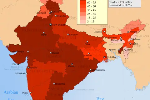 Map: 2001 Census India Religion Distribution Map Percent Hindu in States and Union Territories