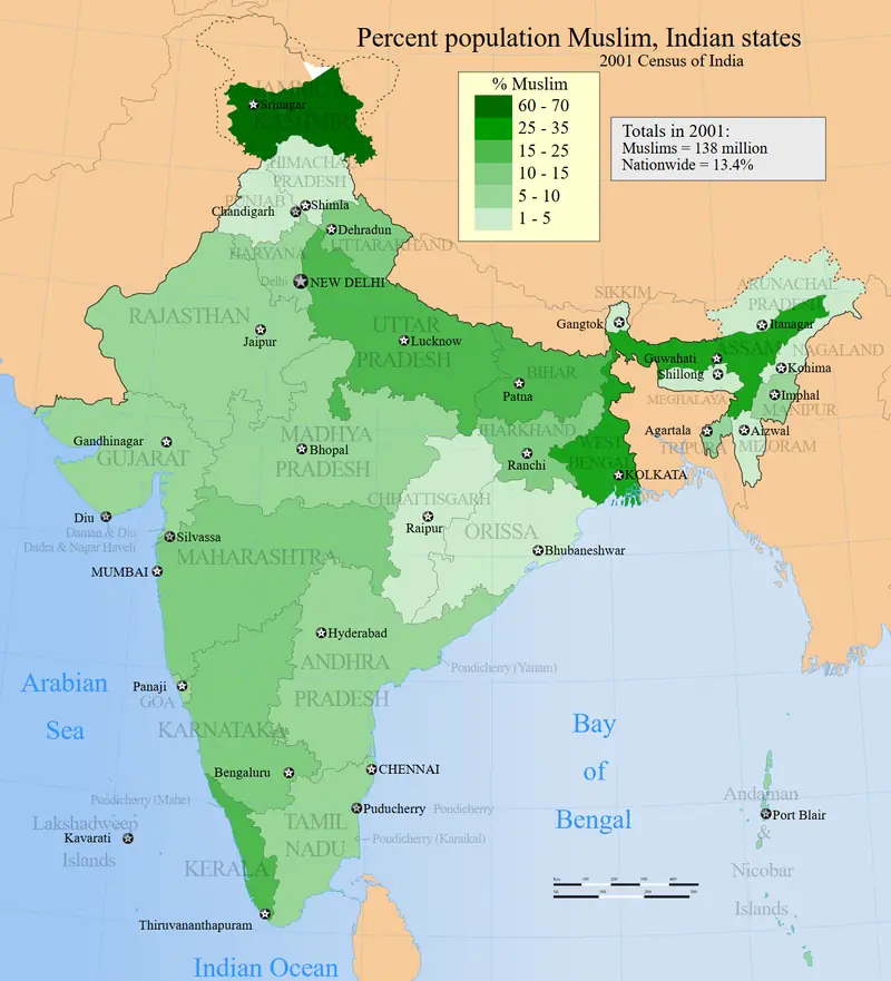 Map: India 2001 Census: Muslim Population by State Map