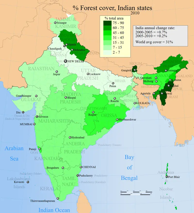 Map: 2010 India Forest Cover Distribution Map for Its States and Union Territories