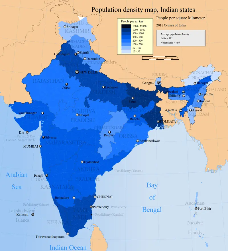 Map: 2011 Census India Population Density Map States and Union Territories