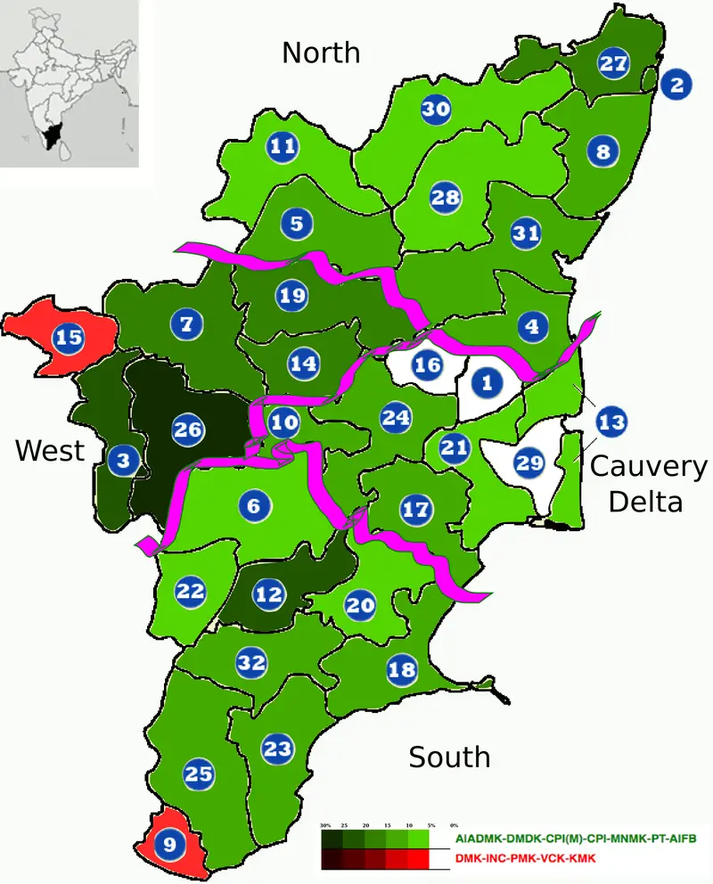 Map: 2011 Tamil Nadu Legislative Margin Wise Election Map by Districts