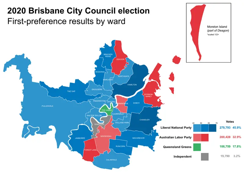 Map: 2020 Brisbane City Council Election Firstpreference Results Map by Ward