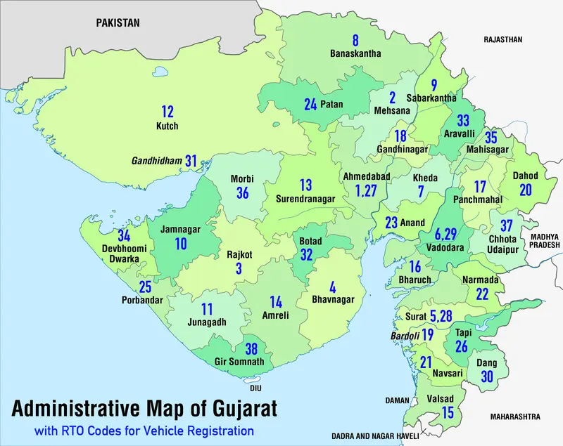 Map: Administrative Map of Gujarat with Rto Codes for Vehicle Registration