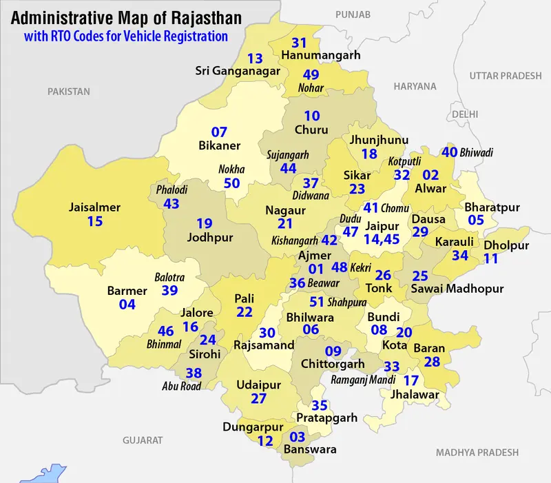 Map: Administrative Map of Rajasthan with Rto Codes for Vehicle Registration