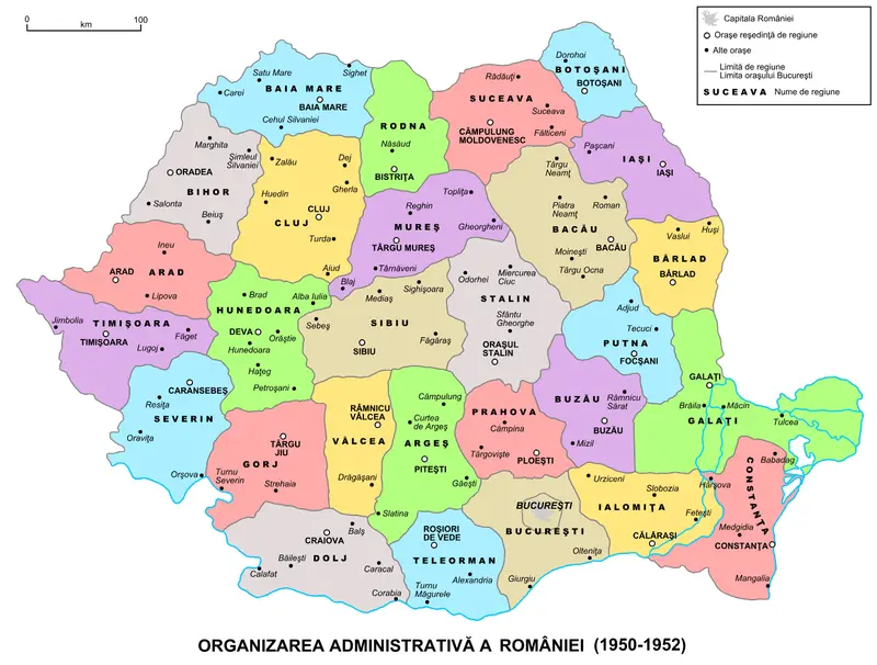 Map: Administrative Map of Romania 19501952