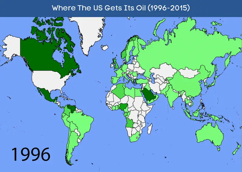 Map: Animated map showing 20 years of US oil imports (1996-2015) in 20 seconds