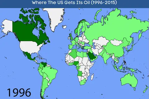 Map: Animated map showing 20 years of US oil imports (1996-2015) in 20 seconds