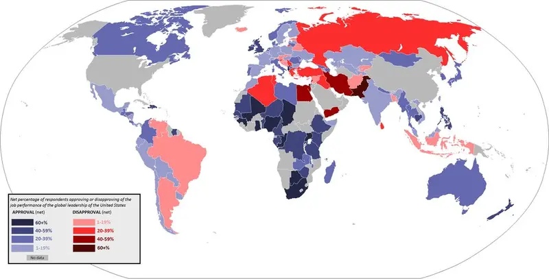 Map: Approval rating by country of the global leadership of the United States (2012)