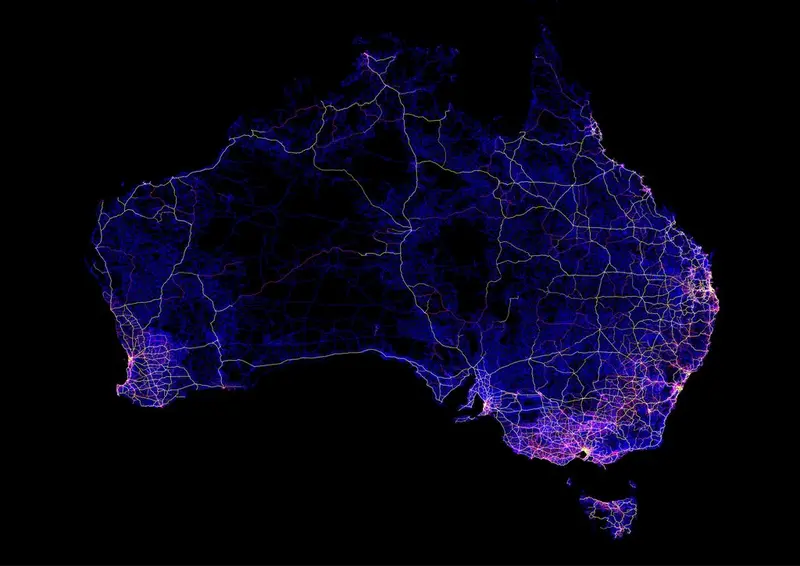 Map: Australia mapped only by dirt tracks, roads and highways