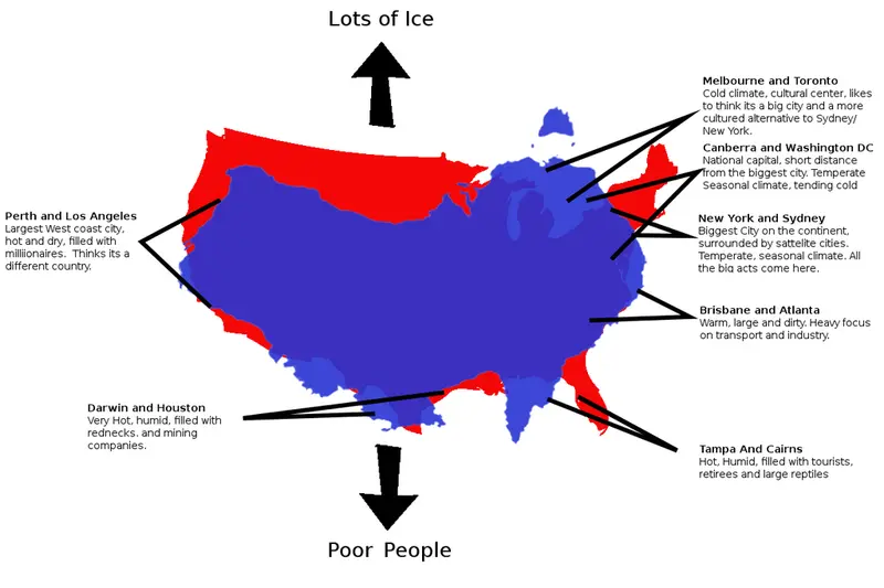 Map: Australia vs US – with Australia flipped upside down