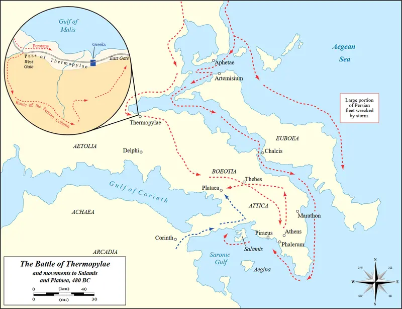Map: Battle of Thermopylae and Movements to Salamis and Plataea Mapen