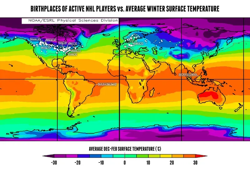 Map: Birthplaces of Active NHL Players vs. Average Winter Surface Temperature