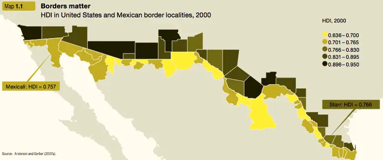 Map: Border Matters: a Comparison of Human Development Index Scores Along the US-Mexico Border