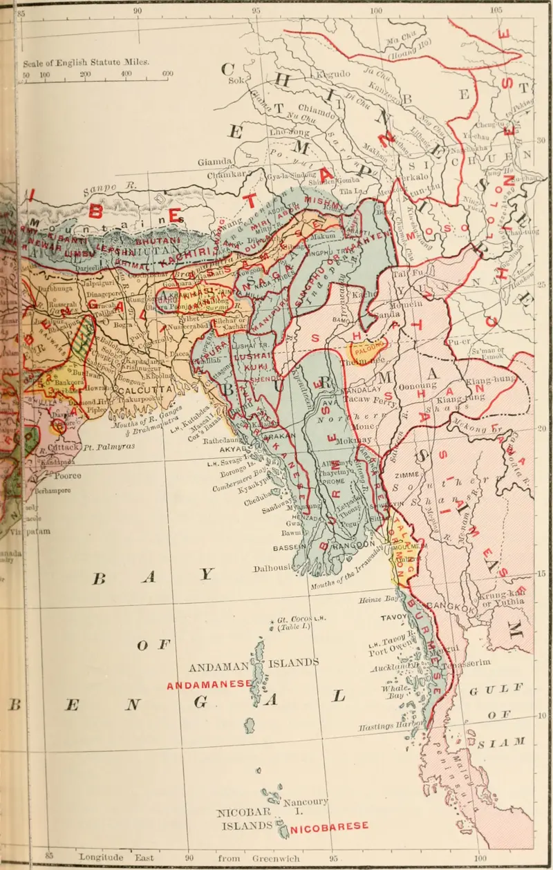 Map: British India Map of Northeast India and Myanmar Bengal Assam Meghalaya Arunachal Pradesh Nagaland Manipur Mizoram Tripura Regions 1891