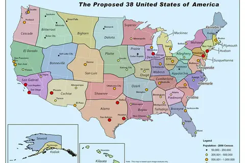 Map: California State University geography professor George Etzel Pearcy’s suggested 38 states of America