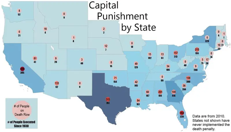 Map: Capital Punishment – a map of the number of executions and death row inmates by state