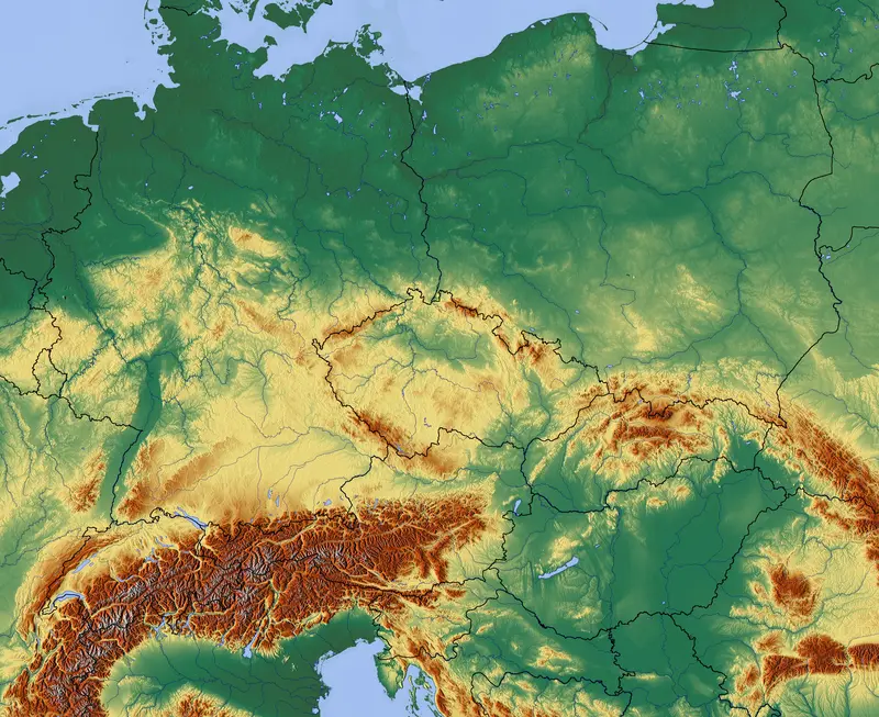 Map: Central Europe Relief Map with Waterbodies and Borders