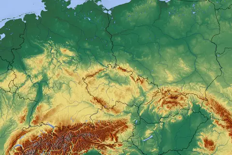 Map: Central Europe Relief Map with Waterbodies and Borders