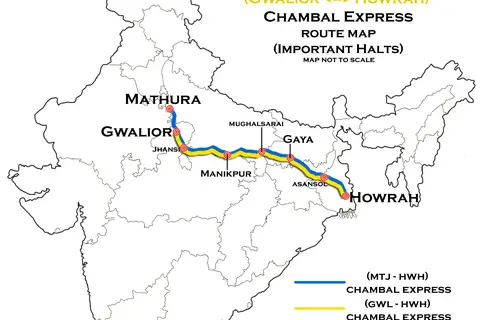 Map: Chambal Express Mathura Howrah and Gwalior Howrah Route Map