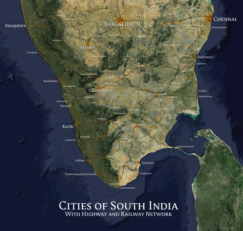 Map: Cities of South India with Highway and Railway Network Map