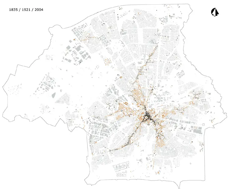 Map: City growth Eindhoven, Netherlands (1835, 1921, 2004)