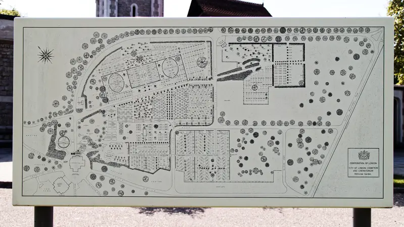 Map: City of London Cemetery Memorial Garden Map Information Board Newham England 2