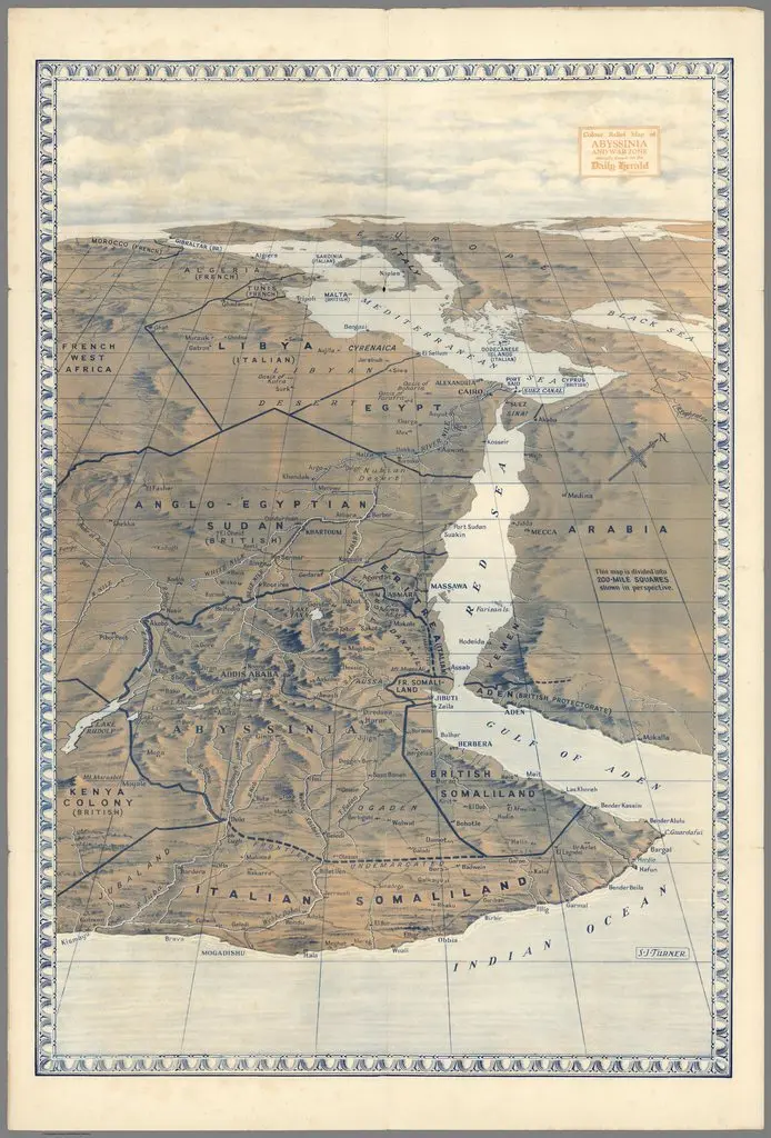 Map: Color Relief Map of Abyssinia (Ethiopia) and War Zone: specially drawn for the Daily Herald. by S.J. Turner in 1938