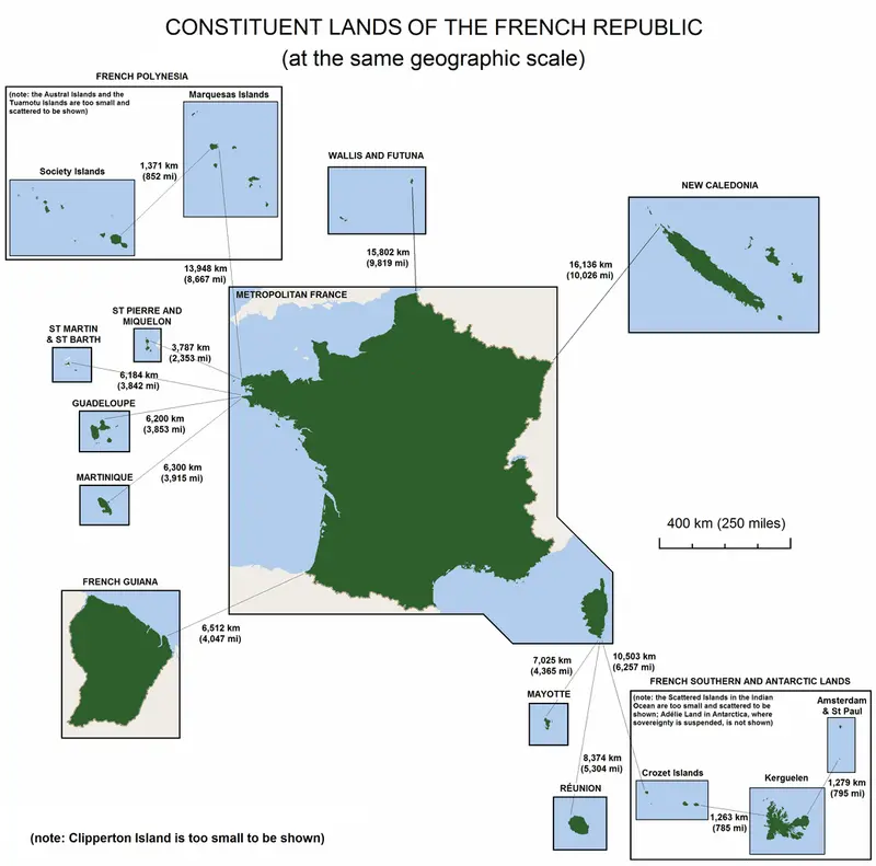 Map: Constituent lands of the French Republic, at the same geographical scale