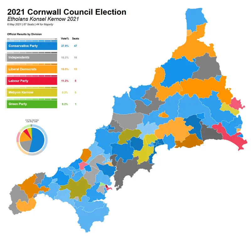 Map: Cornwall Council Political Divisions May 2021 Gradient Map