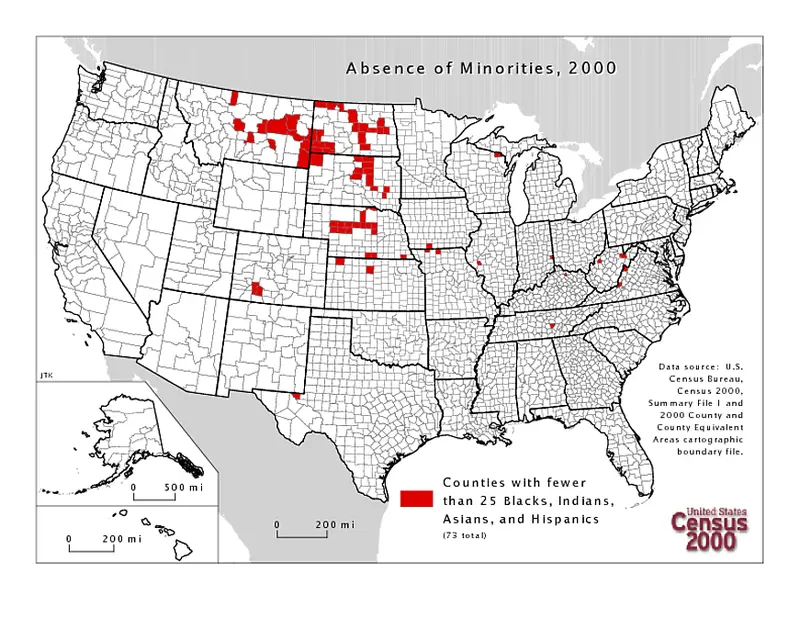 Map: Counties with 25 or less minorities (blacks, indians, asians, and hispanics)