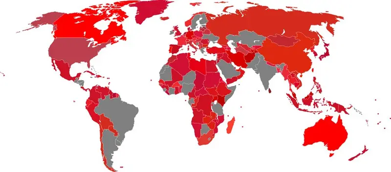 Map: Countries that have red on their flags