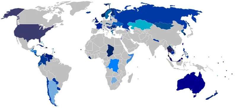 Map: Countries with blue on their national flags