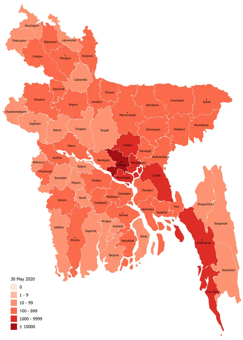 Map: Covid19 Outbreak Bangladesh District Wise Cases Map