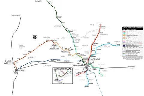 Map: Dallas Fort Worth Metroplex Rail Transit Services Map