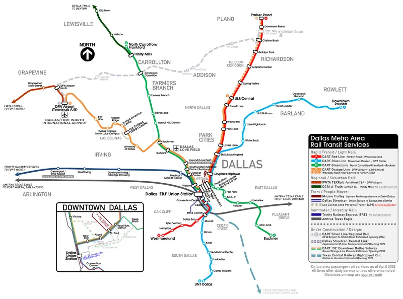 Map: Dallas Metro Area Rail Transit Services Map