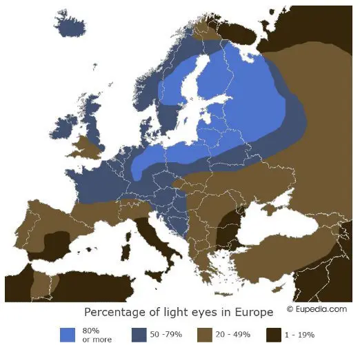 Map: Distribution of light eye colors in Europe.